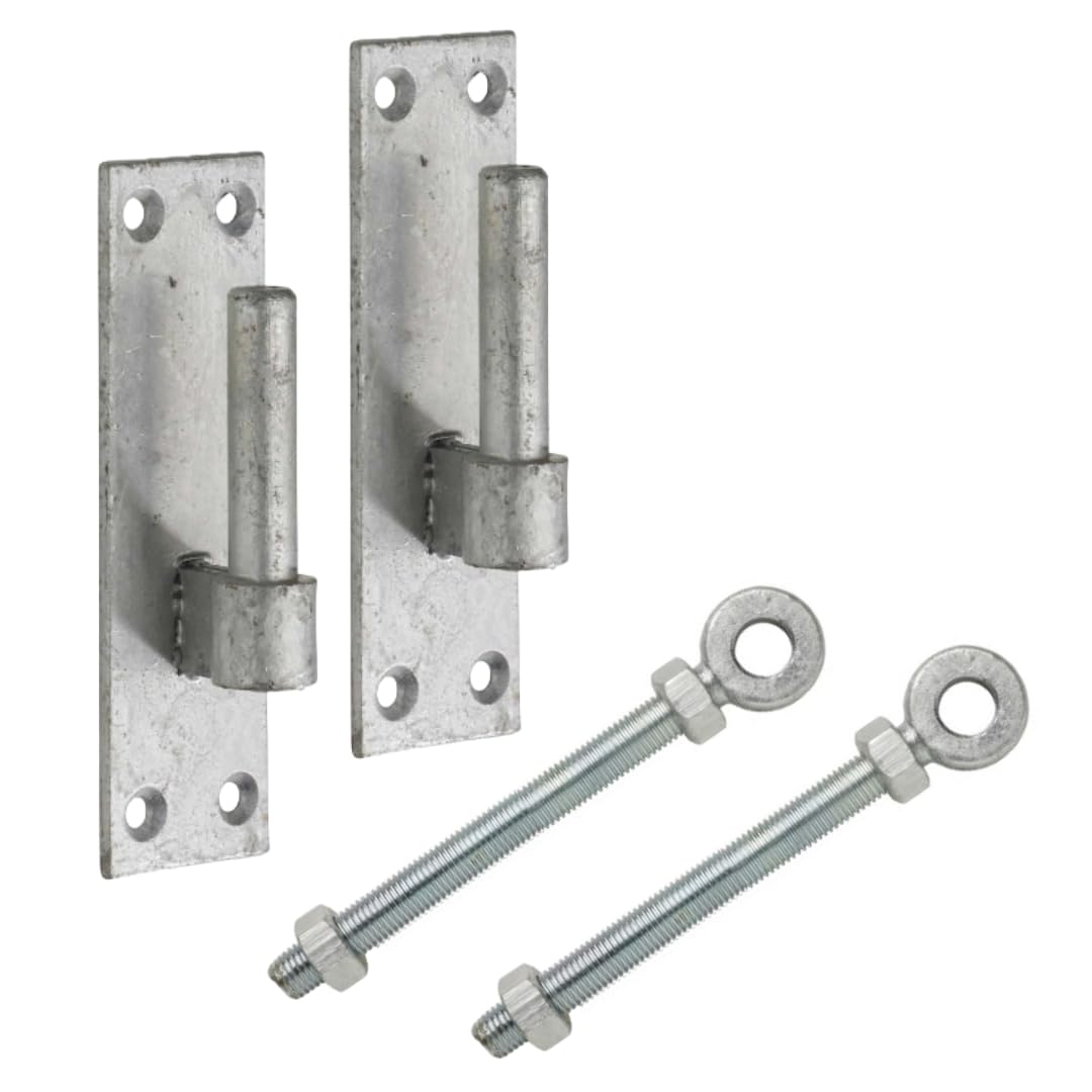 Gate Hinge Pin Bracket 12mm/16mm + Adjustable Eye Bolts 100/150mm Galvanised Pair for Hook & Bands Hinges (16mm PIN + 150mm Eye)