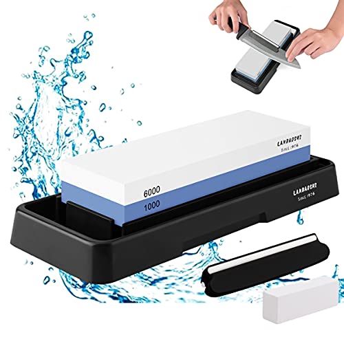 Knife Sharpening Stone Set,Whetstone Dual Sided 1000/6000 Grit Waterstone with Angle Guide Non Slip Rubber Base Holder…