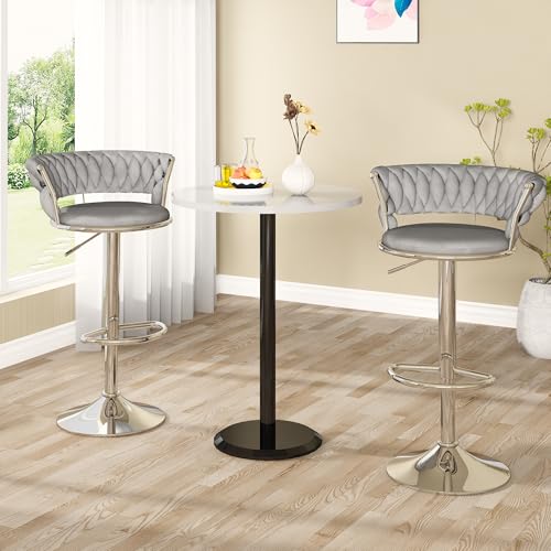 Image of Lamerge Velvet Bar Stools Set of 2,Swivel Bar Chairs Counter Adjustable Height Barstools with Back & Footrest,Upholstered Kitchen Island Chairs for Pub(2PCS Grey)