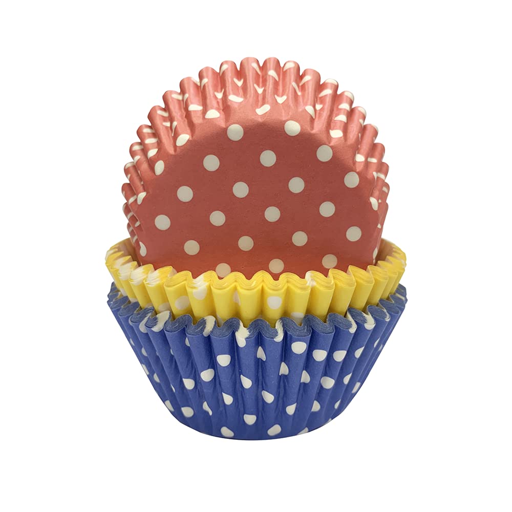 Anniversary HousePack of 75 Polka Dot Cupcake Cases for Baking, Baking Cups for Cupcakes, Heavy Duty Greaseproof Paper, Red, Yellow, Blue, 3.2 x 5cm, J138
