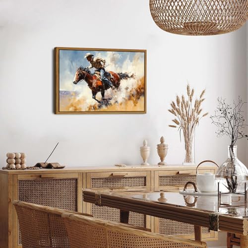 Image of Cowboy Canvas Wall Art Vintage Western Framed Wall Decor Horse Rider Canvas Prints Rodeo Wall Art Farmhouse Western Artwork for Living Room Bedroom Office Rustic Country Decor Home Decorations 16x24