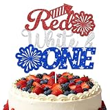 LANKBACK Red White & One Cake Topper One All American Boy Party First Birthday Decorations 4th of July Patriotic 1st Birthday Party Decorations Red Silver & Blue