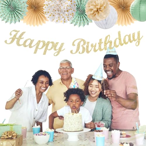 Image of Champagne-Gold White Sage-Green Women Birthday Decorations Huglony | 21pcs Boho Party Happy Banner,Streamers,Paper Lanterns,Pom Poms Fans 13th 18th 21st 30th 40th 50th 60th Birthday Backdrop