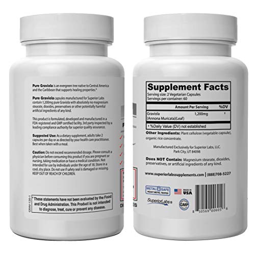 Superior Labs – Pure Natural Graviola Nongmo – 1,200Mg, 120 Vegetable Caps– Natural Dietary Soursop Supplement – Healthy Skin & Helps Promotes Cell Growth – Respiratory System - Balanced Mood #TOP1