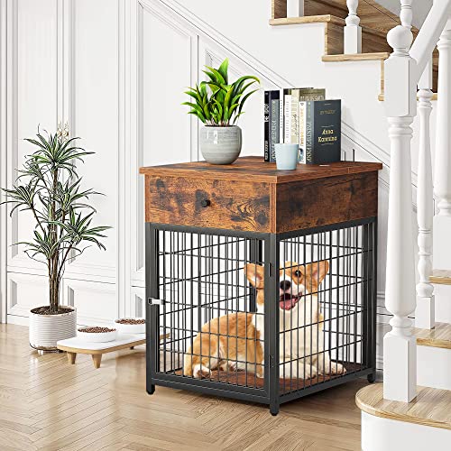 Cuisinsmart Wooden Furniture Style Dog Crate End Table With Drawer, Wood Pet Kennels Side Table Bed Nightstand, Dog House Indoor Use, Chew-Proof, Easy Installation Rustic Brown #TOP4