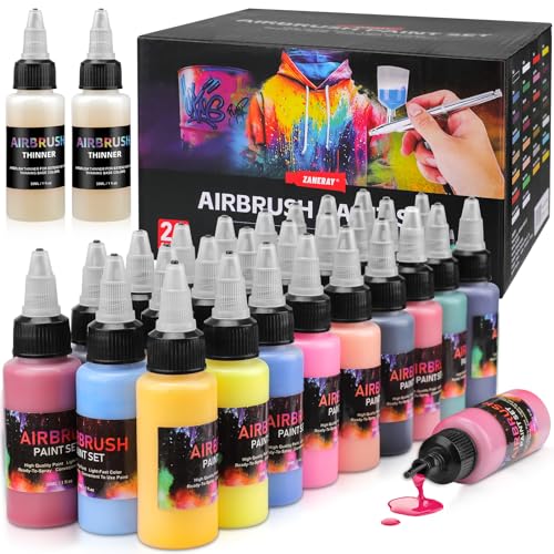 Bateya Airbrush Farben,28 Airbrush-Farben Set 30 ml/1oz inklusive 2 Flaschen Verdünner Air Brush Farben Wasserbasiertes für Modellbau Auto Stoff Airbrush Paint Acryl für Anfänger Künstler