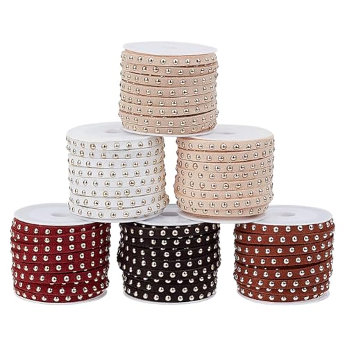 PandaHall Elite 6 Rolls 5mm Flat Micro Fiber Faux Leather Suede Cords Lace Velvet Beading String with Punk Golden Rivet 5.5 Yard per Pack 6 Colors for Jewelry Making