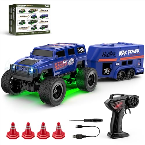 Image of 1 /64 Mini RC Car 2.4G Remote Control Crawler Truck with Trailer 4WD Off-Road All Terrain Vehicle with DIY Stickers, Full Proportional, 2 Speed Control, LED