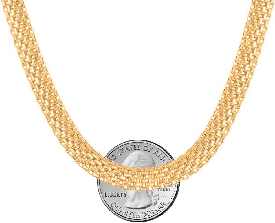 Savlano 925 Sterling Silver 7MM Coreana Flat Mesh Chain Necklace - 18K Gold Plated 20 Inch Mesh Necklace for Women - Made in Italy Comes Gift Box