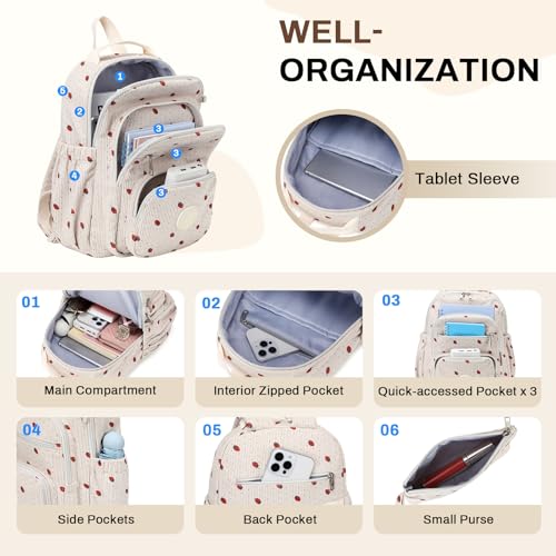 Image of Sisipoet Mini Backpack for Women, Corduroy Small Backpack for Ladies Bookbag Purse for Women with Handy Wallet and Luggage Strap,Beige Strawberry
