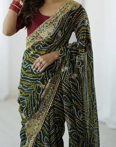 Image of Women's Georgette Bandhani Printed Embroidery Saree with Unstitched Blouse Piece