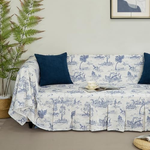 Sofa Cover Classic French Village Printed Linen Soft Decorative Ruffle Trim,Toile Blue Retro Farmhouse Vintage Sofa Slipcover Couch Cover Furniture Protector for 2-3 Cushion Sofa Blue 71x134 Inch Sofa Cover Classic French Village Printed Linen Soft Decorative Ruffle Trim,Toile Blue Retro Farmhouse Vintage Sofa Slipcover Couch Cover Furniture Protector for 2-3 Cushion Sofa Blue 71x134 Inch