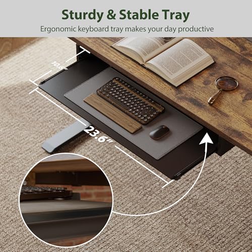 Image of Agilestic Height Adjustable Desk with Keyboard Tray, 55 x 24 Inches Electric Standing Desk with Memory Preset, Stand up Computer Table, Lightweight Board, Dark Brown