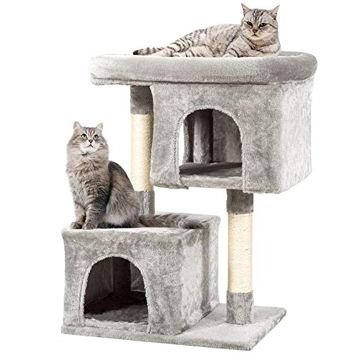 MECOREX Katzenbaum Kletterbaum, große Plattform mit Zwei Katzenhöhlen, Wollstoff, Höhe 80cm, grau Cover