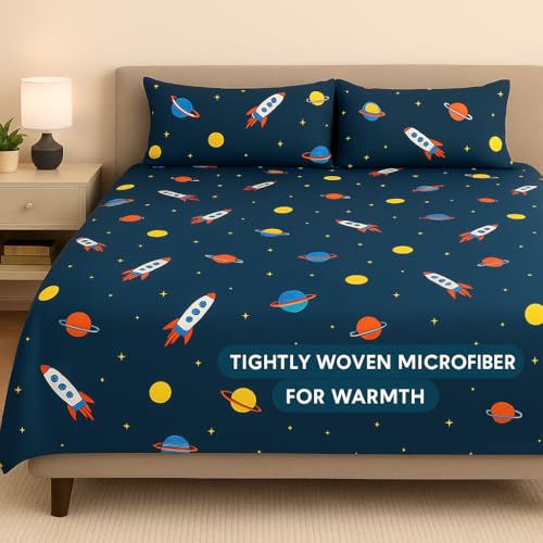 Image of Bedsheet for Single Bed with 2 Pillow Covers Breathable | Outer Space Adventure Single Bed Sheet - Planet Spaceship