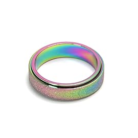 OreilleStar Anxiety Ring for Women Fidget Spinner Ring Fidget Toys Adults Titanium Stainless Steel Thumb Ring 6mm Wide Rainbow Size 10