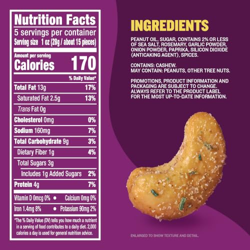 Image of PLANTERS Rosemary & Sea Salt Cashews, Plant Based Protein, 5 Oz (1 Ct) | Roasted Cashews. Flavored Cashews. Snacks for Adults. Resealable Bag. Plant Based Protein Snack. Party Mix