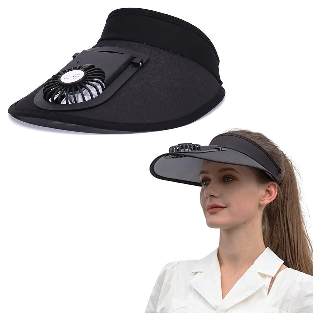 Goodern Sun Visors Hat with Fan for Women,Large Area Sun Protection Visors Children and Adults Fan Visor Hat Adjustable Beach Hat Children's Empty Top Cooling Hat with USB Rechargeable Fan-Black