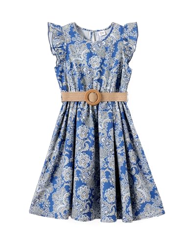 PATPAT Little Big Girls Dress Vintage Boho Floral Ruffle Short Sleeve Casual Swing Dress with Braided Belt