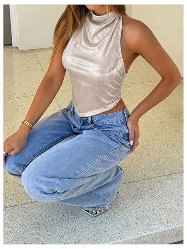 SHENHE Women's Shiny Metallic Open Back Halter Neck Draped Asymmetrical Sexy Party Crop Top2