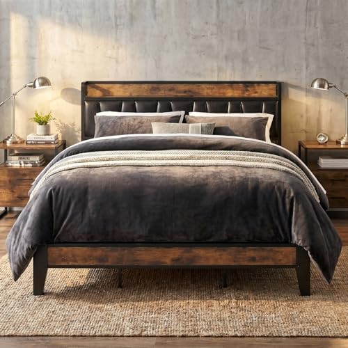 Image of LIKIMIO King Bed Frame, Storage Headboard with Charging Station, Solid and Stable, Noise Free, No Box Spring Needed, Easy Assembly (Vintage and Black)