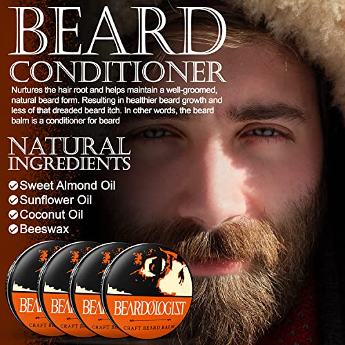 Beardologist Premium Natural Beard Balm For Mens Grooming - Strengthens & Softens Beards & Mustaches - Paraben & Sulfate Free - Leave In Conditioner Styling Balm For Men - 0.5Oz - 4Pk #TOP4