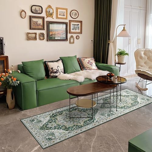 Deerly Green Washable Kitchen Runner Rug 3x7 Boho Vintage Hallway Entryway Throw Rug Faux Wool Non-Slip Low-Pile Floor Carpet for Indoor Front Entrance Kitchen Bathroom Bedroom