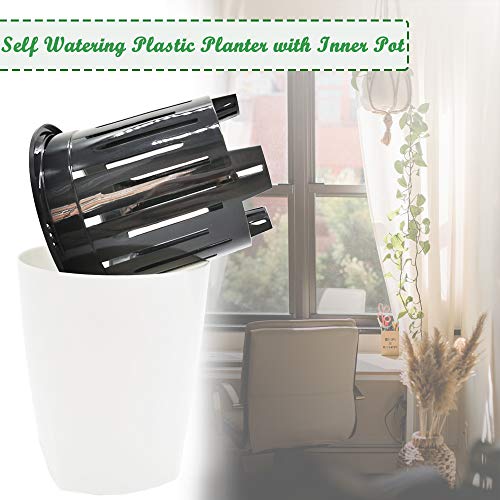 8 Pack Plastic Self Watering Planter 4 Inch White Flower Plant Pot with Black Inner Pot,Indoor Home Garden Modern Decorative Pot for All House Plants,Flowers,Herbs,African Violets