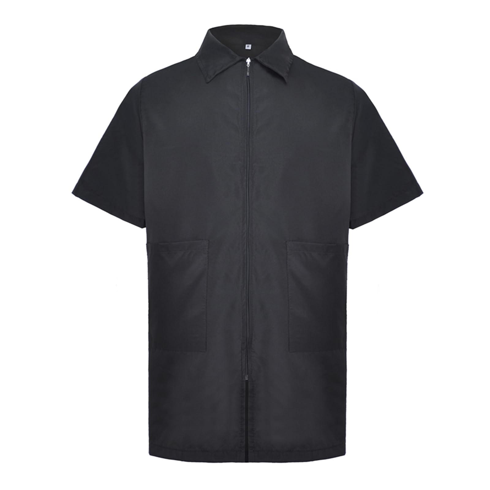 TOPTIE Chaqueta de Barbero Manga Corta para Hombre, Ropa de Trabajo y Uniformes de Peluquería, Camisa Negra con Cremallera y Bolsillos, Corte Holgado