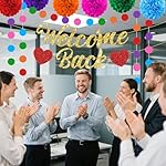 Welcome Back Party Decorations Colorful Glittery Welcome Signs Banner Hanging Swirls Paper Pompoms Circle Dots Garland for New Employee Coworker Office First Day of School Classroom Back Home Party - Image 4