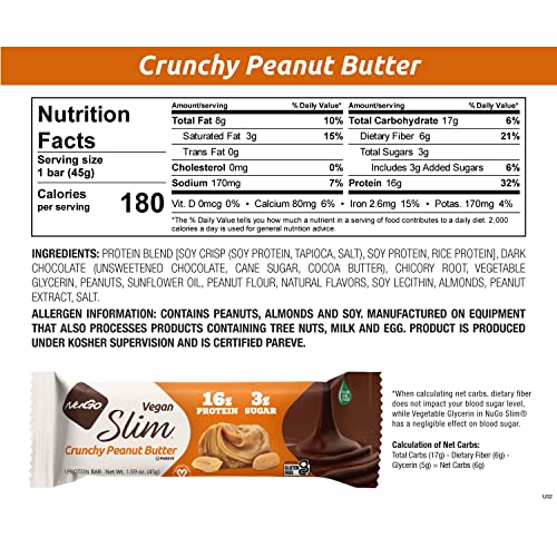 Nugo Slim Dark Chocolate Crunchy Peanut Butter, 16G Vegan Protein, 3G Sugar, 7G Fiber, 180 Calories, Low Net Carbs, Gluten Free, 24 Count #TOP2