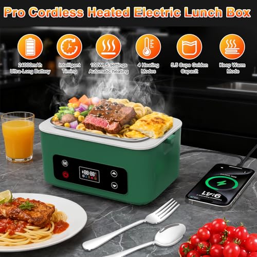 Image of Heated Lunch Box,Electric Lunch Box, Lunch Box Battery Powered, Pro 24000mah,5.5 Cups Portable Food Heater-3D-5 Side Heating-Intelligent Temperature Control,Suitable For Trucks,Offices (Army /Green)