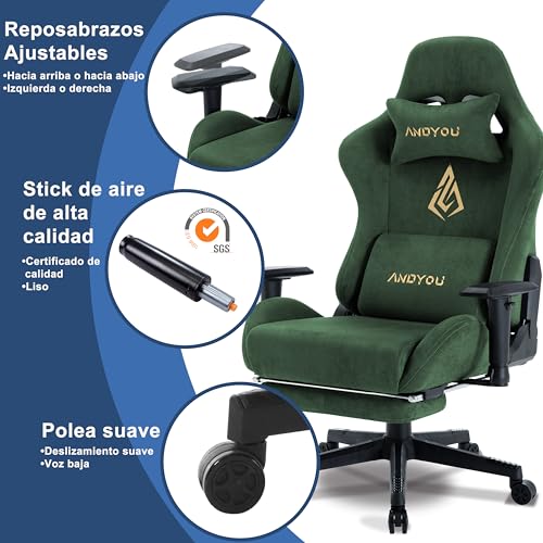 Andyou Silla Gaming Ergonómica Profesional con Reposabrazos 3D Ajustables,Soporte Lumbar y Cervical, Reclinable 150°, Soporte 150 kg, Ruedas Silenciosas, Base Robusta - imagen 6