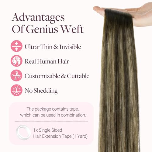 Image of GOO GOO Tape In Weft Hair Extensions Human Hair, Genius PU Long Weft Tape In Hair Extensions Real Human Hair, Silky Easy to Use, 4 /26 /4 Balayage Chocolate Brown to Honey Blonde 22 inch 70g 2pcs