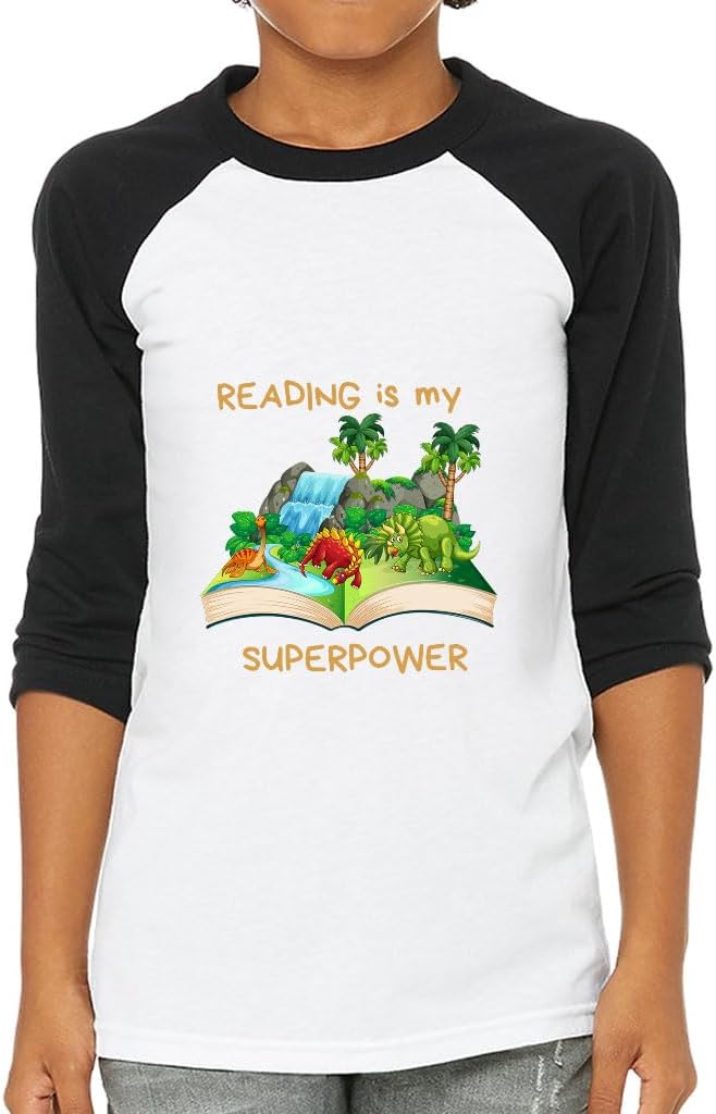 Reading is My Superpower Kids' Baseball T-Shirt - Cool Items - Dinosaur Item