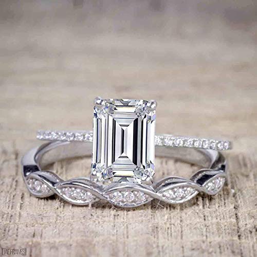 1.50 Carat Moissanite & Diamond Trio Bridal Ring Set In Emerald Cut And 10K White Gold #TOP3