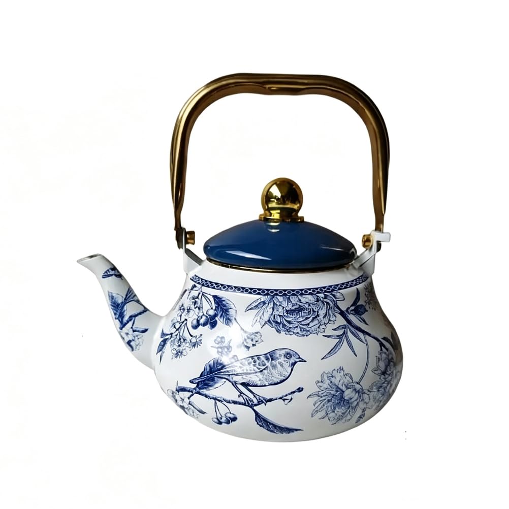 Tetera De Esmalte con Aves Y Flores Azul Y Blanco Hervidor De Esmalte Vintage Elegante Jarra Decorativa para Cocina Hogar Hervir Agua Infusión Té Servicio De Mesa