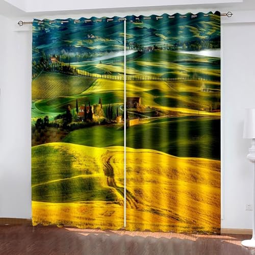 Cortinas bohemias para oscurecer, cortinas decorativas de poliéster verde y amarillo, 2 paneles de 80 x 96 pulgadas