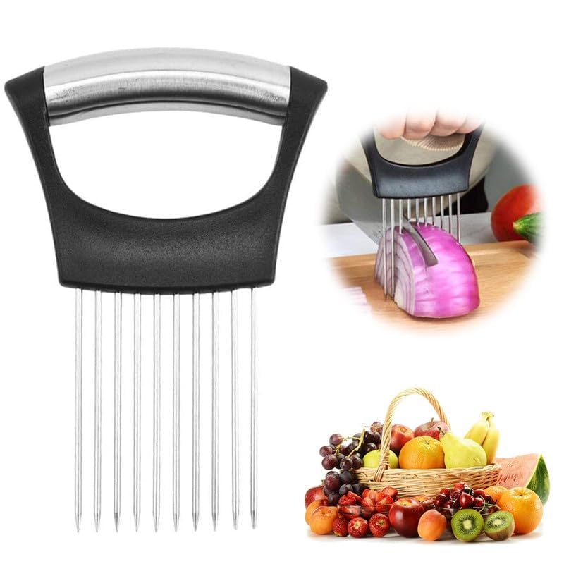Onion Holder for Slicing, 2025 Upgraded Stainless Steel Food Slice Holder Lemon Slicer Vegetable Cutter - Kitchen Chopper Slicing Assistant Tool for Meat/Onion/Potato/Tomato (1)