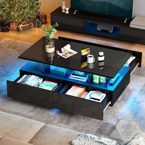 YITAHOME-Couchtisch-Schwarz-Wohnzimmertisch-Hochglanz-mit-16-Farbiger-LED-Beleuchtung-Modern-Beistelltisch-Schwarz-mit-Offenem-Ausstellungsregal-und-4-Ausziehbaren-Schubladen-90x55x411-cm - sparfuchs24.io – Top Angebote, Tests & Preisvergleiche