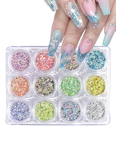 LEEQBCR 1 set di 12 colori di glitter per unghie in gel, unghie cromate con glitter trasparente, glitter in gel, cromo a specchio per la decorazione delle unghie, unghie a ciambella smaltate