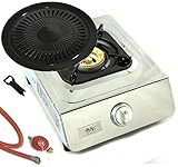 phönix ph-3dx edelstahl gaskocher 3 flammig 36 Monate Garantie Hochwertiger Edelstahl Gaskocher 1 flammig Gasherd Campingkocher WOK Kocher + Grillplatte und Gasschlauch mit Druckminderer