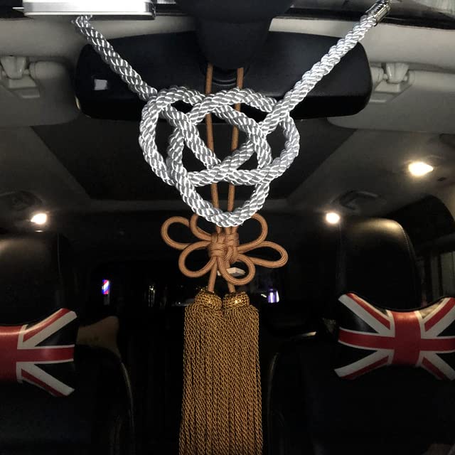 Car interior - 1Set JP Junction Produce Silvery Kin Tsuna Rope Set Lucky Fusa Kiku Knot For Car Auto Rearview Mirror Ornaments (Silvery Tan)
