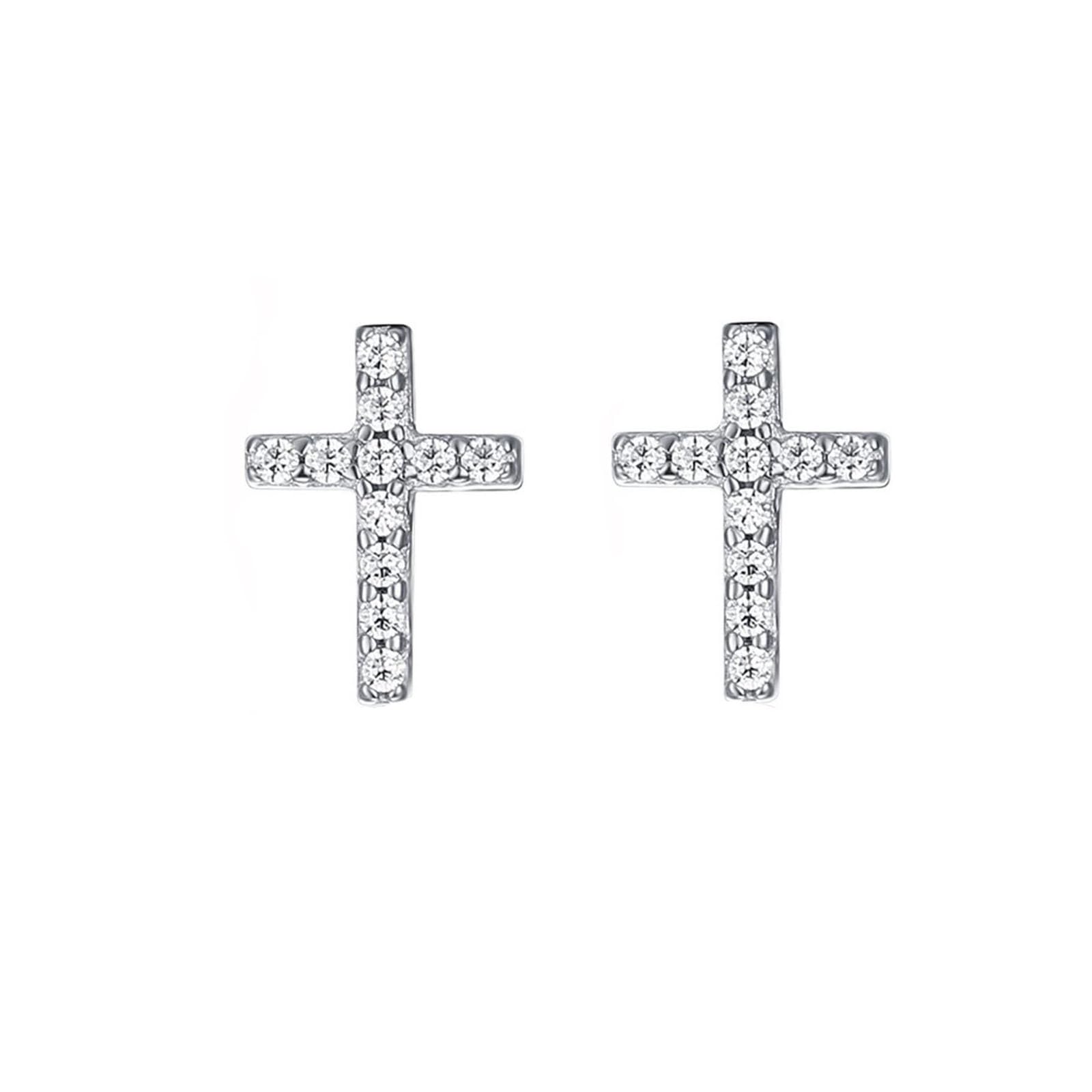 Silver Small Cross Stud Earrings, Hypoallergenic Stainless Steel CZ Cross Earrings for Women Men