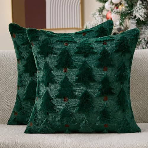 Image of Allorry Christmas Pillow Covers 18x18 inch Set of 2 Christmas Decorations Soft Plush Faux Fur Wool Green Christmas Tree Throw Pillow Cases Winter Holiday Decor for Sofa Living Room PT-012P18