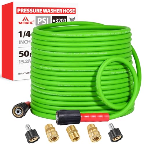 YAMATIC Super Flexible Pressure Washer Hose 50FT for Power Washer Replacement, Kink Resistant Extension With Leak-Free M22 Female & 3/8' Quick Connect Adapters, 1/4' 3200 PSI, Green