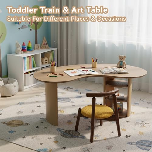 Image of Kids Table Activity Table with Storage, Toddler Art Table for Kids Ages 3-8, Solid Wood Train Tables Desk for Drawing /Crafting, 39 inch L Half-Moon Play Tables for Boys /Girls /Classroom, Natural