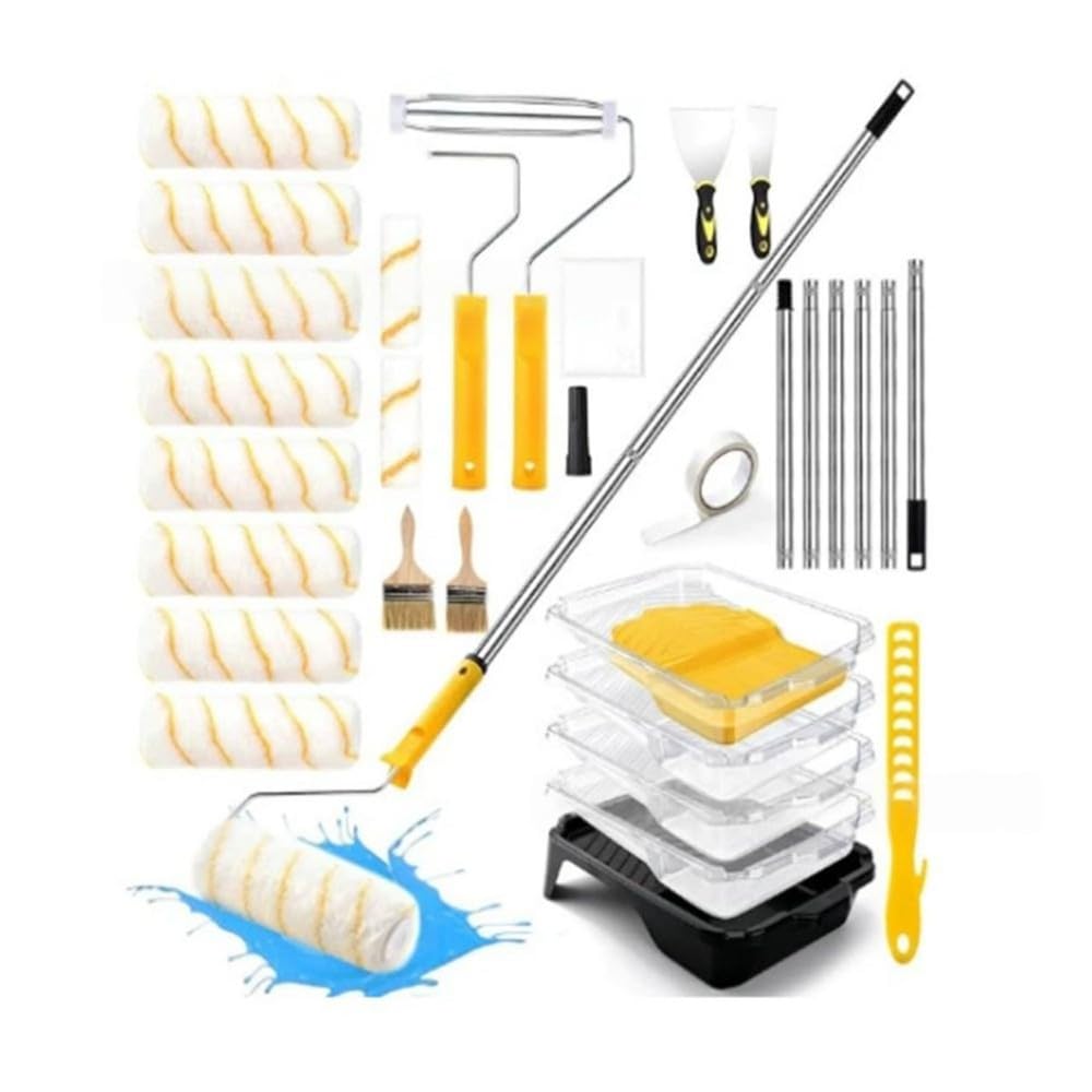 Aundhegrtt As Shown Paint Roller Kit For Painting Walls Ceilings House With Paint Roller Set, Paint Tray Liners& Plastic Sheeting Pole Included