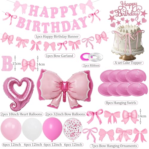 image for Douvelue Pink Bow Birthday Decorations, Happy Birthday Banner Garland 