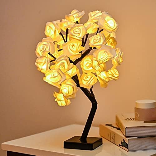 Hawisphy Rose Flower Tree Lamp, 32 Led Rose Table Lamp Gift for Girls Woman Teens Decor Battery Powered for Bedroom Living Room Party Wedding Valentine's Day Mother's Day Decorations (White Rose)